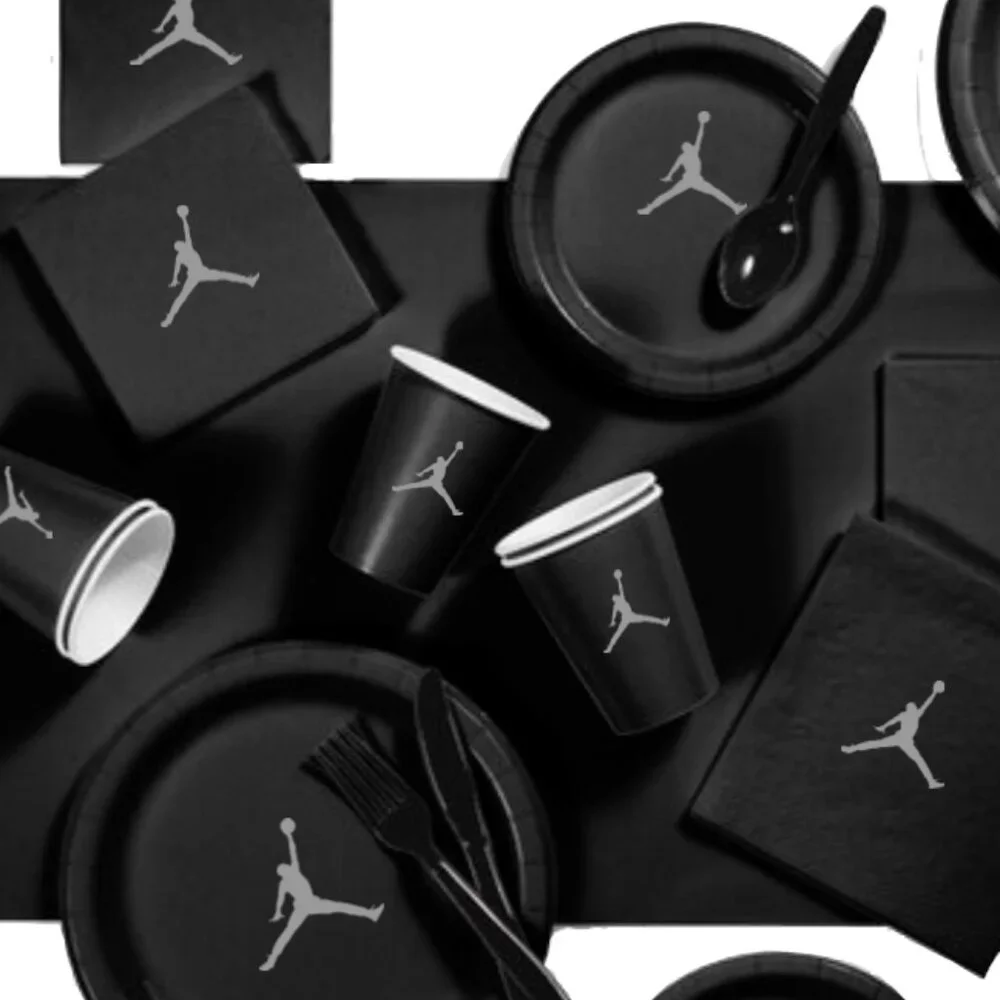 Custom shoe Paper Party Plates Set, Black, 60 Count, Basketball Theme, Jumpman